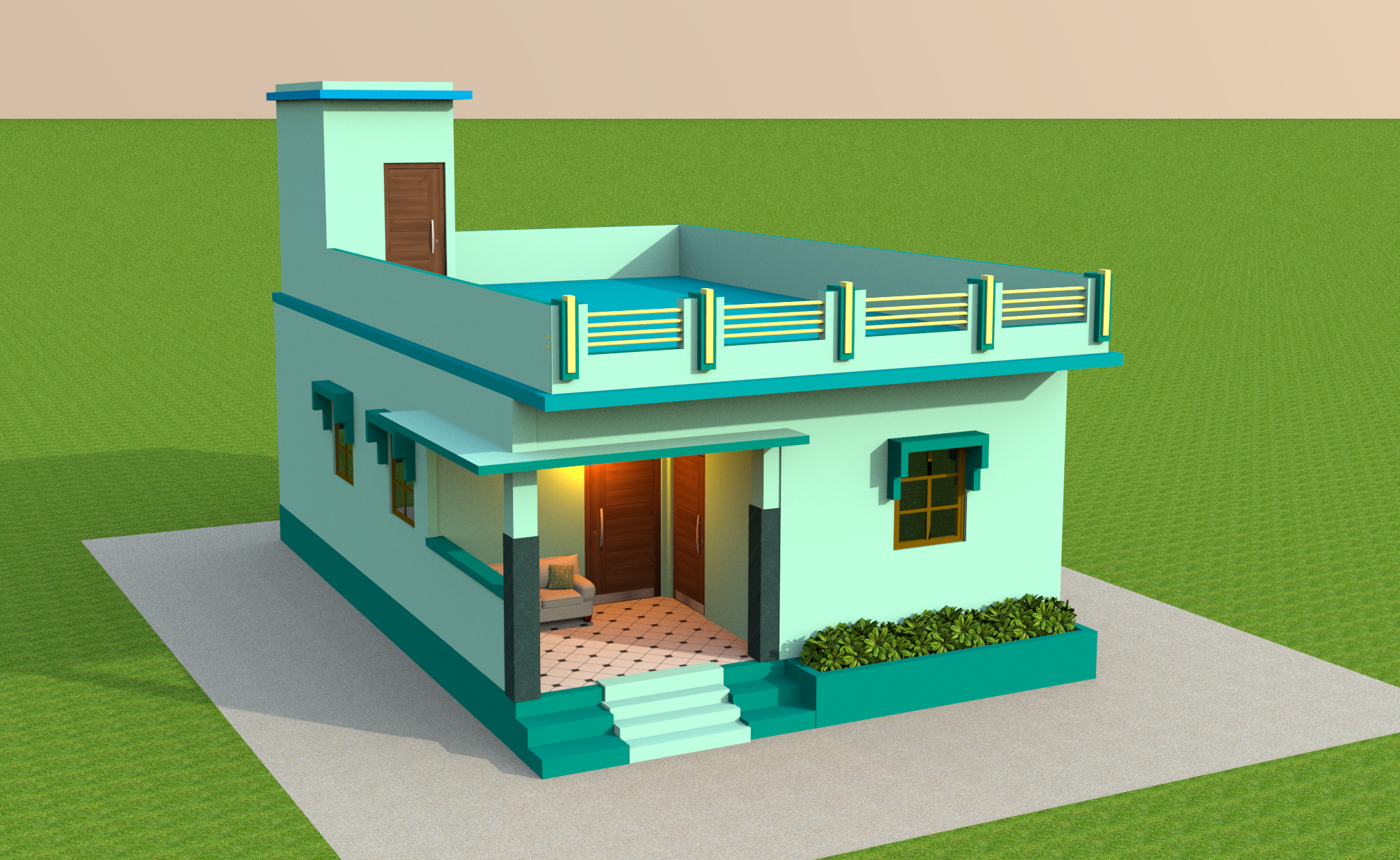 Simple village House Plan & 3D design in Indian style